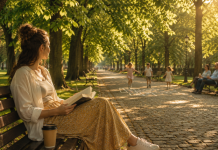 Ce faci într-o zi liberă în Iași — tânără citind pe o bancă în Parcul Copou la umbra teilor