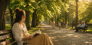 Ce faci într-o zi liberă în Iași — tânără citind pe o bancă în Parcul Copou la umbra teilor