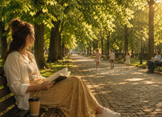 Ce faci într-o zi liberă în Iași — tânără citind pe o bancă în Parcul Copou la umbra teilor