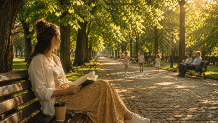Ce faci într-o zi liberă în Iași — tânără citind pe o bancă în Parcul Copou la umbra teilor