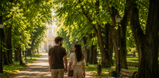 Ce faci în Iași fără bani — tânăr cuplu plimbându-se relaxat pe o alee umbrită din Parcul Copou