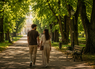 Ce faci în Iași fără bani — tânăr cuplu plimbându-se relaxat pe o alee umbrită din Parcul Copou