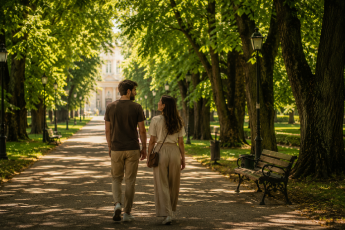 Cuplu la plimbare prin parcul copou Ce faci în Iași fără bani — tânăr cuplu plimbându-se relaxat pe o alee umbrită din Parcul Copou