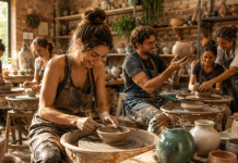 Idei creative în Iași — cursanți la un atelier de olărit modelând vase din lut