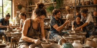 Idei creative în Iași — cursanți la un atelier de olărit modelând vase din lut