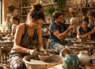 Idei creative în Iași — cursanți la un atelier de olărit modelând vase din lut