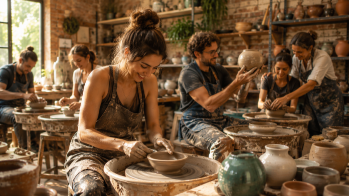 Cursanți la un atelier de olărit modelând vase din lut Idei creative în Iași — cursanți la un atelier de olărit modelând vase din lut