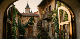 Cum descoperi Iașul altfel — curte interioară veche din centrul Iașului cu vegetație și lumină de apus