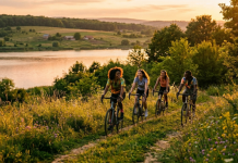 Tineri cu biciclete pe un traseu în natură la apus, ilustrând activități outdoor în Iași lângă un lac.