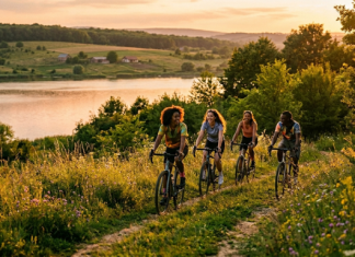 Tineri cu biciclete pe un traseu în natură la apus, ilustrând activități outdoor în Iași lângă un lac.