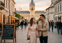 Cuplu plimbându-se pe strada Lăpușneanu, idei de date în Iași de primăvară.