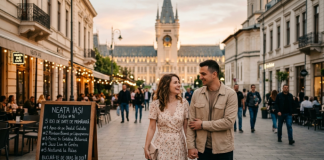 Cuplu plimbându-se pe strada Lăpușneanu, idei de date în Iași de primăvară.