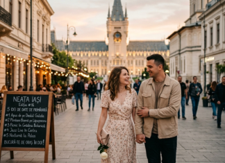 Cuplu plimbându-se pe strada Lăpușneanu, idei de date în Iași de primăvară.