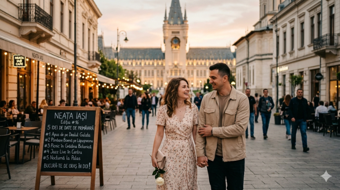 ziua 16 idei de date în Iași de primăvară. Cuplu plimbându-se pe strada Lăpușneanu, idei de date în Iași de primăvară.