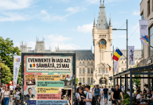 Afiș stradal cu evenimente în Iași azi, înfățișând tineri bucurându-se de Noaptea Muzeelor și festivaluri în luna mai.