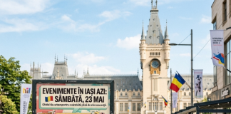 Afiș stradal cu evenimente în Iași azi, înfățișând tineri bucurându-se de Noaptea Muzeelor și festivaluri în luna mai.