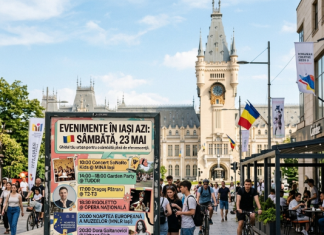 Afiș stradal cu evenimente în Iași azi, înfățișând tineri bucurându-se de Noaptea Muzeelor și festivaluri în luna mai.