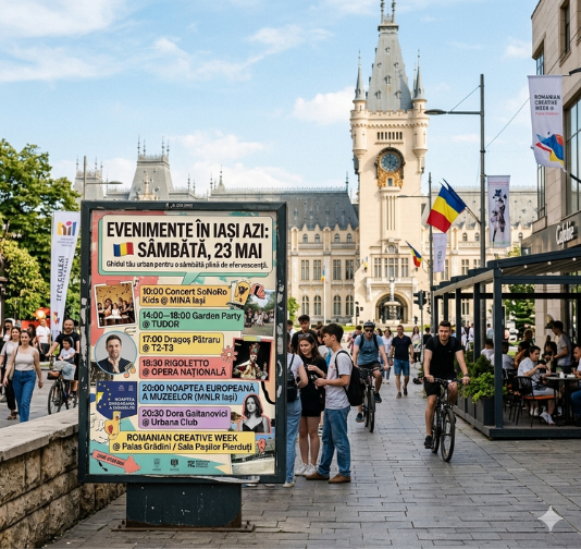 ziua 17 evenimente in iasi Afiș stradal cu evenimente în Iași azi, înfățișând tineri bucurându-se de Noaptea Muzeelor și festivaluri în luna mai.