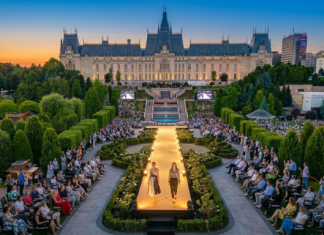 Prezentare de modă Romanian Fashion Week în Grădinile Palas la asfințit, cu Palatul Culturii luminate în fundal și public numeros, ilustrând lucruri de făcut seara în Iași.