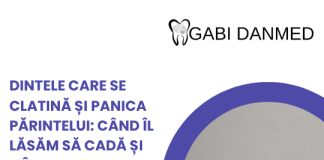 Dinte de lapte care se clatină la copil – afiș GABI DANMED cu incisivi de lapte